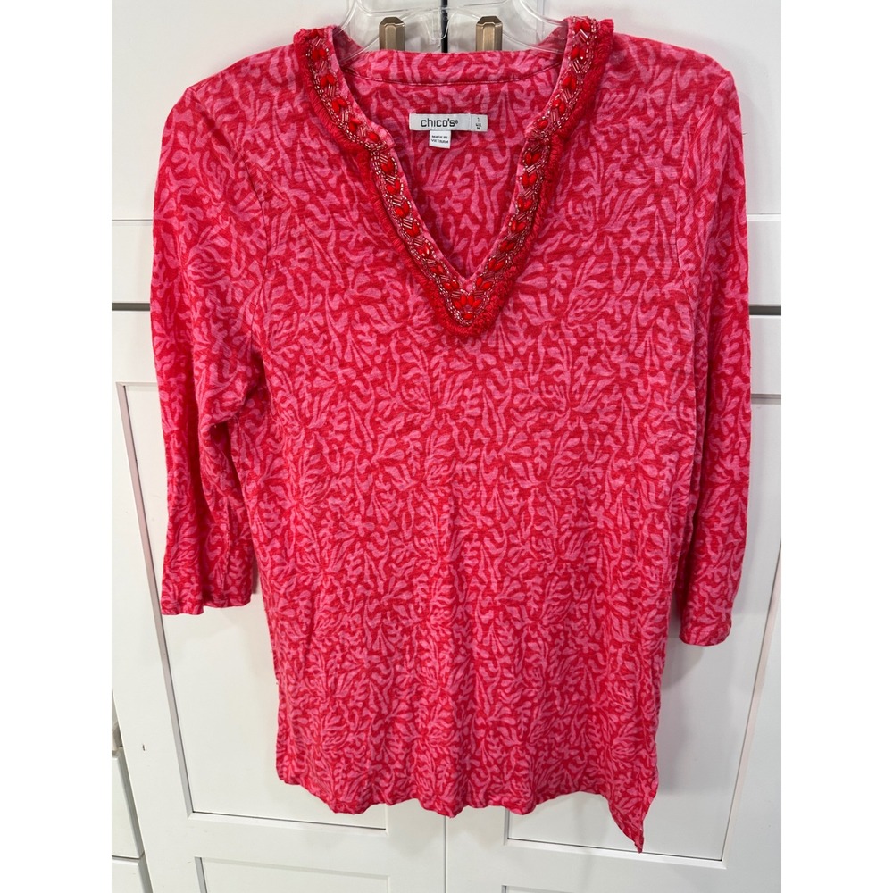 Chico's Linen Beaded V-Neck Tunic Top Pink Red Leaf Print Size‎ 1 M